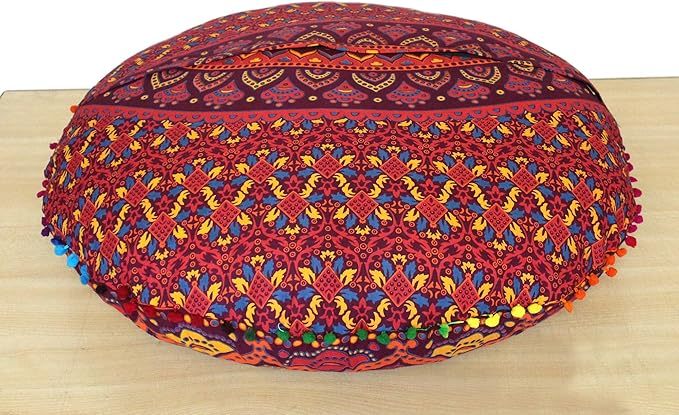 INDIAN CRAFT CASTLE New Orange Ombre 24" Mandala Barmeri Large Floor Pillow Cover Cushion Meditation Seating Ottoman Throw Cover Hippie Decorative Zipped Bohemian Pouf Ottoman Pom Pom Cases 24" Round - Bloomnest