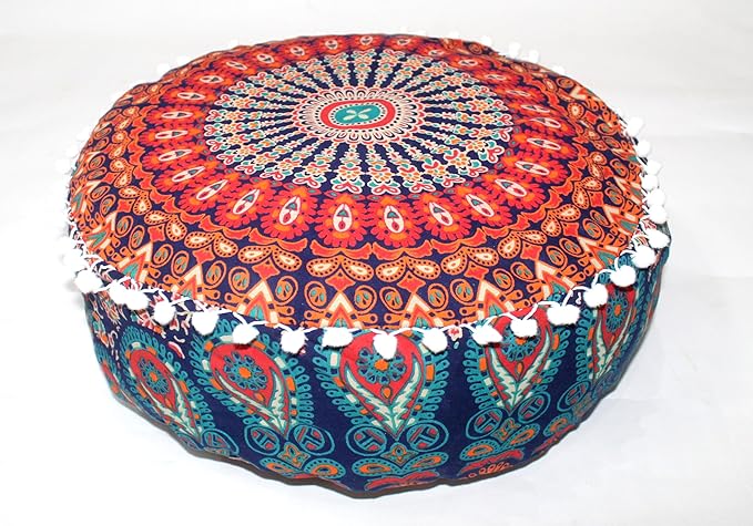 INDIAN CRAFT CASTLE ICC Mandala Barmeri Large Floor Pillow Cover Cushion Meditation Seating Ottoman Throw Cover Hippie Decorative Zipped Bohemian Pouf Ottoman Cases Multi Orange 16" Round - Bloomnest
