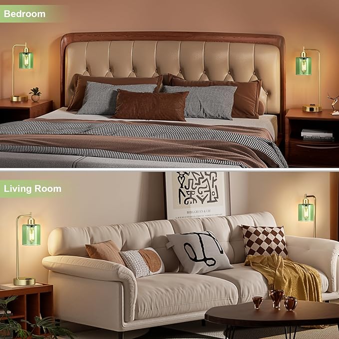 Innqoo Industrial Green Table Lamps for Bedrooms Set of 2-3-Way Dimmable Desk Lamp with USB C+A Ports and Outlet, Gold Lamps with Green Glass Shade for Living Room - Bloomnest