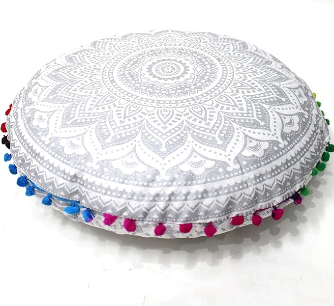 CRAFT KALA Boho Large Floor Pillow Pouf Cover Mandala Meditation Room Pillow Cover for Adults Round Bohemian Seating Pouf Cushion Cover for Kids Playroom 22" Silver Matellic Ombre - Bloomnest