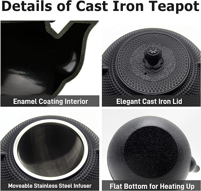 YJX 40.6 fl oz Cast Iron Teapot Set, Japanese Tetsubin Tea Set with Cast Iron Teacups, Small Tea Kettle Set with Strainer for Loose Tea, Enameled Interior (1200ml Tea Set with Cups and Saucers) - Bloomnest