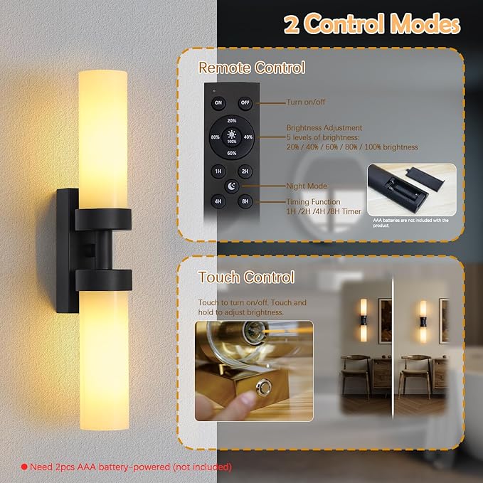 Rechargeable Wall Sconces Set of Two with Remote, Black Battery Operated Wall Sconce with Milky Glass, Sconces Wall Decor Set of 2 Wall Light Fixtures for Bedroom Bathroom Mirror Living Room - Bloomnest