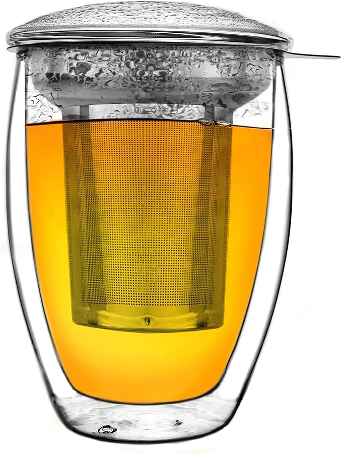 Creano Double Walled Tea Glass with Stainless Steel Filter and Glass Lid - 14oz (400ml) - Bloomnest