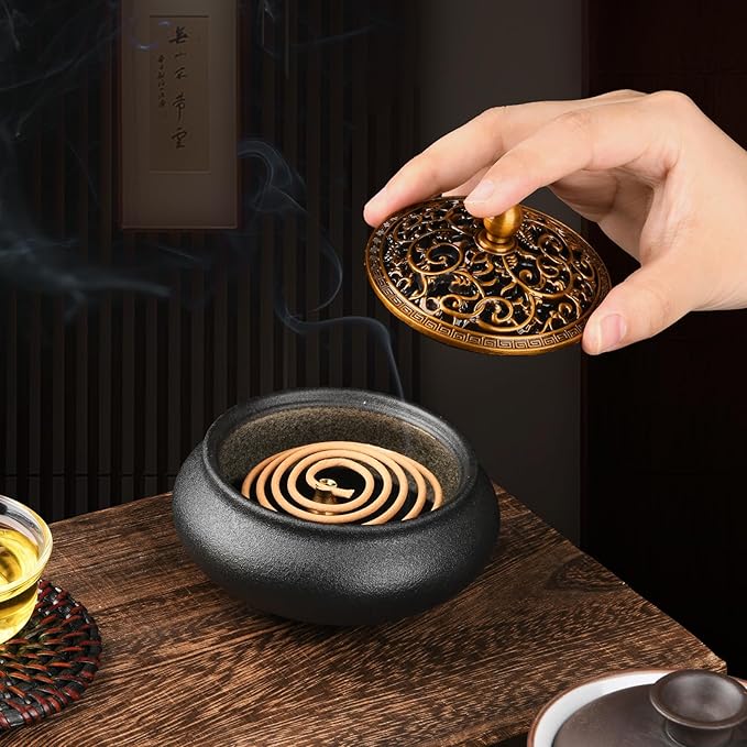 Ceramic Incense Burner with Incense Stick Holder,Use for Stick/Coil Incense,Sage, Mosquito Incense and Charcoal,Handmade for Cleansing House Negative Energy & Other Smudging Rituals (Black) - Bloomnest