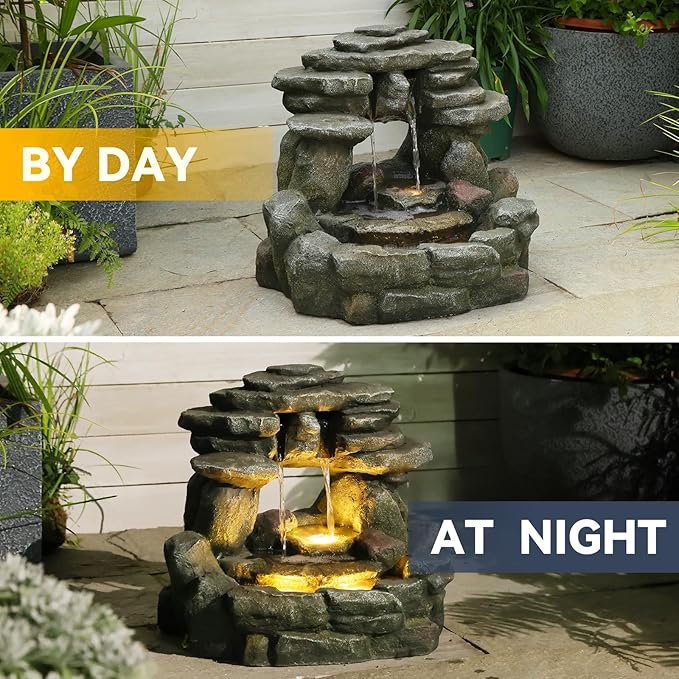 15.6''H Small Rock Water Fountain Outdoor&Indoor, 3-Tier Garden Waterfall with Warm Lights and 2 Flows for Patio, Backyard, Deck, Porch, Home DéCor, Stone Gray - Bloomnest