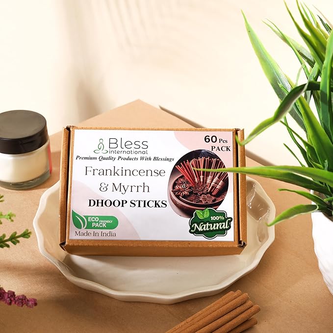 Bless-International Frankincense-and-Myrrh-100%-Natural-Incense-Bambooless-Dhoop-Sticks Handmade-Organic-Chemicals-Free for-Relaxation-Positivity-Yoga-Meditation The-Best-scents-4.5-Inches-60-Sticks BlessInternational