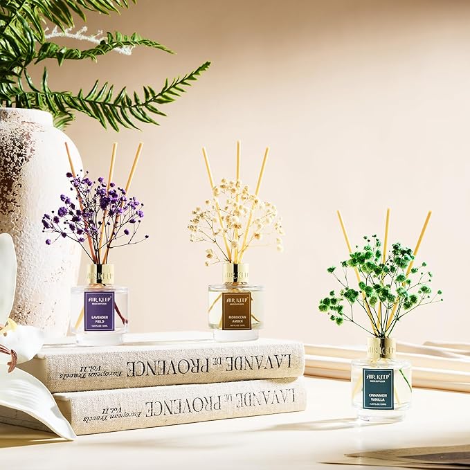 Airkeep Reed Diffuser Set of 3, Cinnamon Vanilla Lavender Field Moroccan Amber Oil Reed Diffusers for Bedroom Living Room Office Aromatherapy Oil Reed Diffuser for Gift 50ml x 3 - Bloomnest