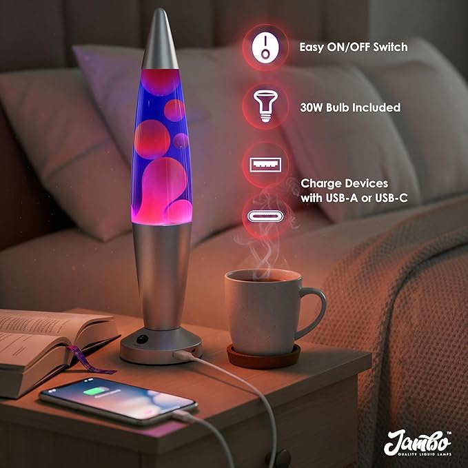 JAMBO Beautiful Liquid Lamp with USB Ports, 16" Motion Light with Blue Liquid Purple Wax, Relaxing Nightlight, Mood Light for Bedroom, Living Room, Office - Adults, Teens, Kids - Bloomnest