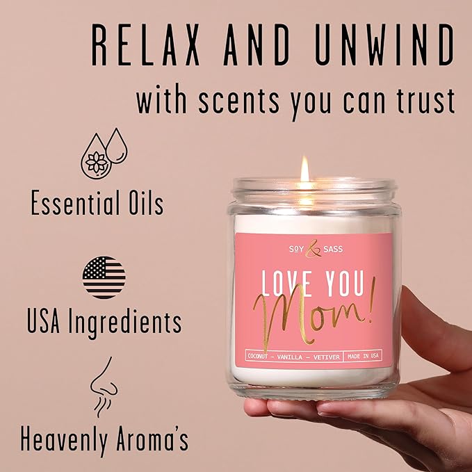 Gifts for Mom, Mom Birthday Gifts, Mothers Day Gifts for Mom - 'Love Mom' Soy Candle, w/Coconut & Vanilla I Birthday Gifts for Mom Gifts from Daugher or Son I 50Hr Burn, USA Made - Bloomnest