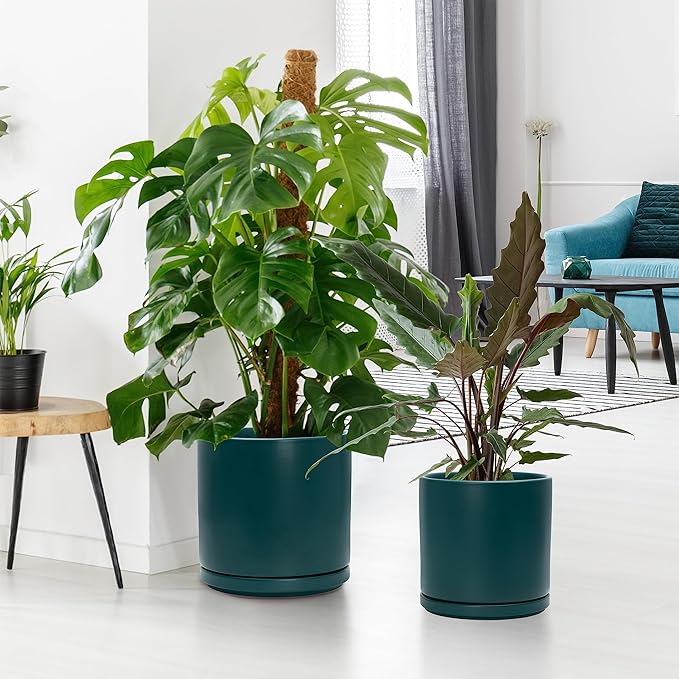 D'vine Dev 8 Inch & 10 Inch Ceramic Planter Pot for Plants with Drainage Hole and Saucer, Large Plant Pots Set, Teal, 94-G-L-9 - Bloomnest