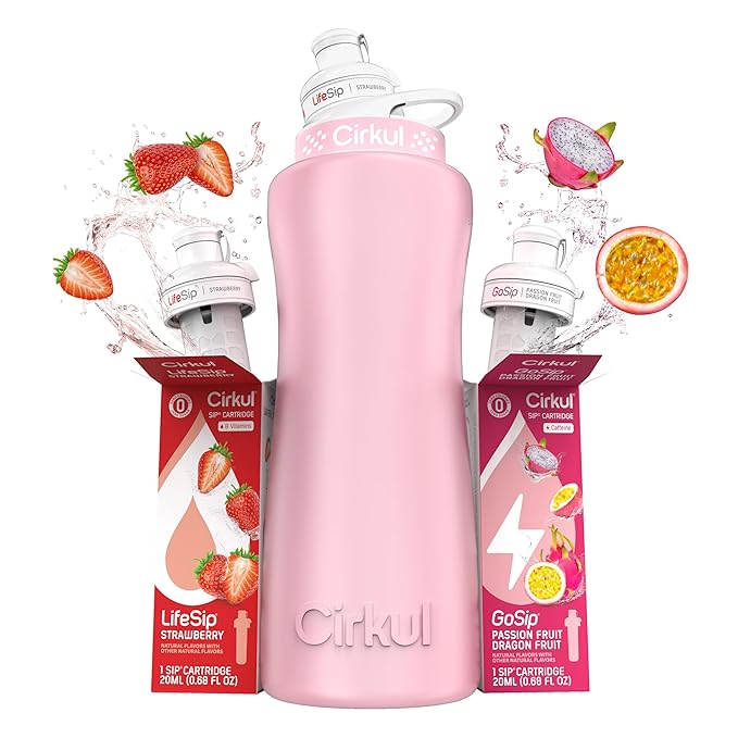 Cirkul 32oz. Blush Pink Stainless Steel Water Bottle Starter Kit with Pink Lid and 2 Flavor Cartridges (1 LifeSip Strawberry, 1 GoSip Passion Fruit Dragon Fruit) No Sugar, Zero Calorie Drink Mix Cirkul