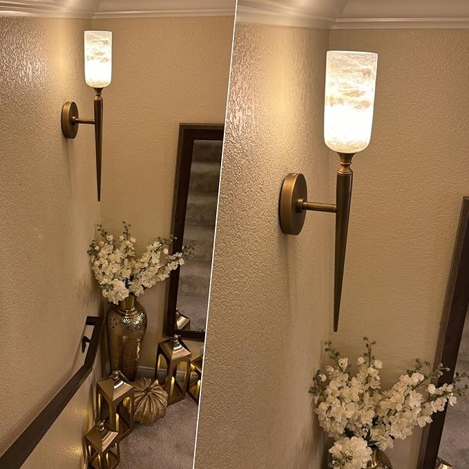 Alabaster Wall Sconce 22in Antique Brass Sconces Wall Lighting, Imported in Spain Natural Alabaster, Bathroom Sconce Gold Sconces Wall Decor, for Living Room Dining Room Hallway Bedside Staircase - Bloomnest