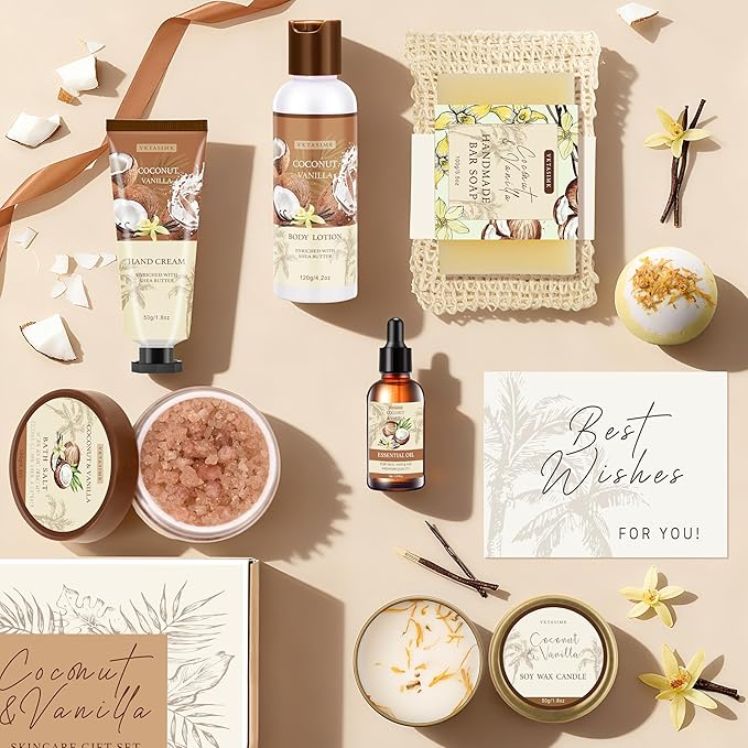 Gifts for Women Happy Birthday Gift Baskets, Bath and Body Gift Set Mothers Day Gifts, Vanilla Coconut Relaxing Home Spa Set Self Care Gift for Mom Sister Her Wife Grandma Girlfriend Friends - Bloomnest