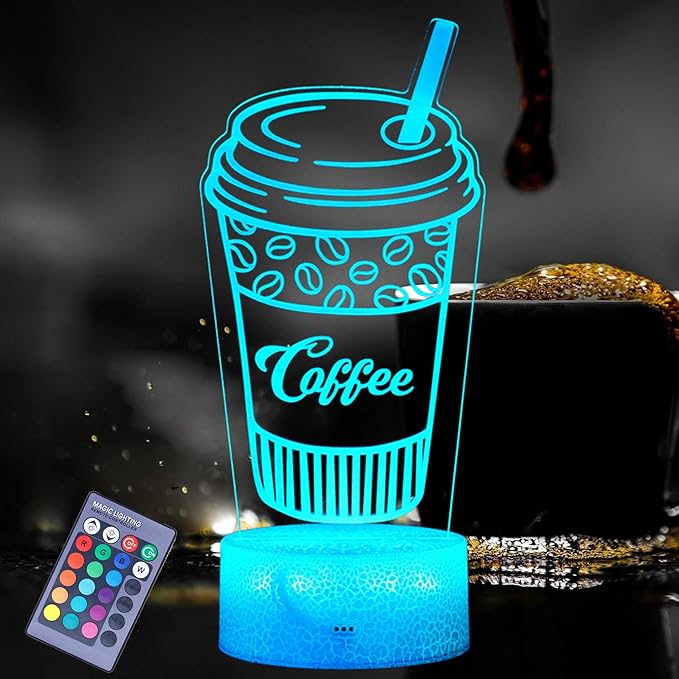 Coffee Gift, Coffee Cup Decor, 3D Illusion Night Light Lamp, 16 Colors Changing, Remote Control, Dimmable, Cafe Shop Room Decoration - Bloomnest