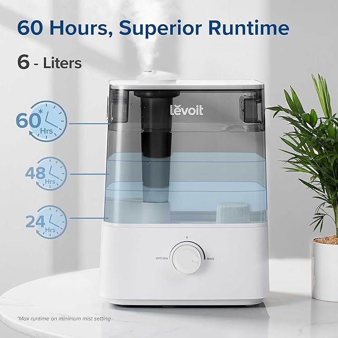LEVOIT Classic300 Ultrasonic Top Fill Humidifier, Extra Large 6L Tank Last 60-Hour - Super Quiet, Easy to Use and Clean, 360° Rotation Nozzle, Simple Knob Control, Handle, Auto Shut Off, Gray - Bloomnest
