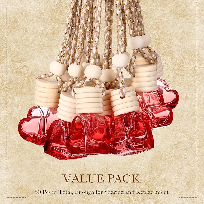 BBTO 50 Pcs 6ml Hanging Car Air Freshener Car Diffuser Bottle Empty Glass Perfume Heart LoveFreshener Bottle Diffuser Pendant Valentine's Day Essential Oil Fragrance Aromatherapy Decor (Red) - Bloomnest