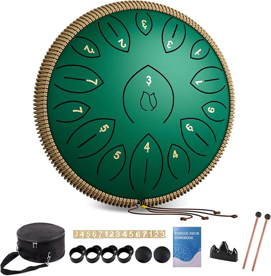Steel Tongue Drum 12 Inch 15 Notes, Steel Drums Instruments for Kids Adults, Hand Pan Drum with Music Book, Drum Mallets and Carry Bag, Handpan C Major, Green - Bloomnest