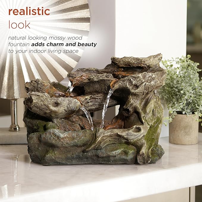 Alpine Corporation WIN1334 10" Tall Tabletop 3-Tier Waterfall Rock Fountain with LED Lights, Indoor Decorative Water Feature for Desk, Table, Office, and Home, Brown - Bloomnest