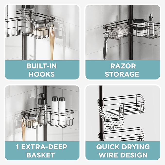 Zenna Home Tension Pole Shower Caddy Corner Organizer, Adjustable Standing Shower Caddy with 4 L-shaped Baskets and Hooks, Rust Resistant Bathroom Tension Rod Organizer, 60 to 97 Inch, Bronze - Bloomnest