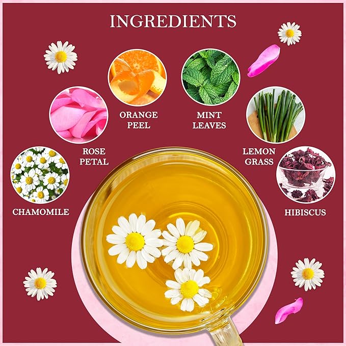 Tealeaf & Co. Chamomile Rose Citrus Herbal Tea Bags - Organic Chamomile Tea Bags with Rose Petals, Orange Peel, Lemon Grass, Hibiscus & Mint Leaves - Low Caffeine - Gluten Free - 50 Teabags - Bloomnest