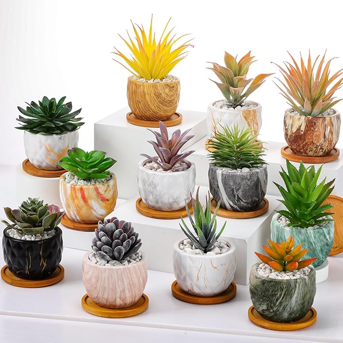 Marbling Ceramic Flower Pot 3.35 Inch Succulent Small Plant Cactus Herbs Planter Ceramic Pot with Drainage Hole Matte Round Container(12 Pcs,Simple Style) - Bloomnest