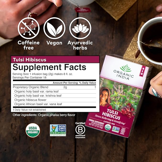 ORGANIC INDIA Tulsi Hibiscus Tea Bags - Holy Basil Herbal Tea, Stress Relieving, Calming, Immune Support, USDA Organic, Caffeine Free -18 Bags, 3 Pack - Bloomnest