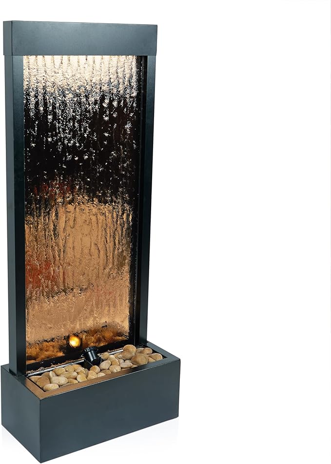 Alpine Corporation - Mirror Waterfall Fountain with Stones & Lights - Zen Indoor/Outdoor Decor for Office, Living Room, Patio, Entryway - 48 Inches (Bronze) - Bloomnest