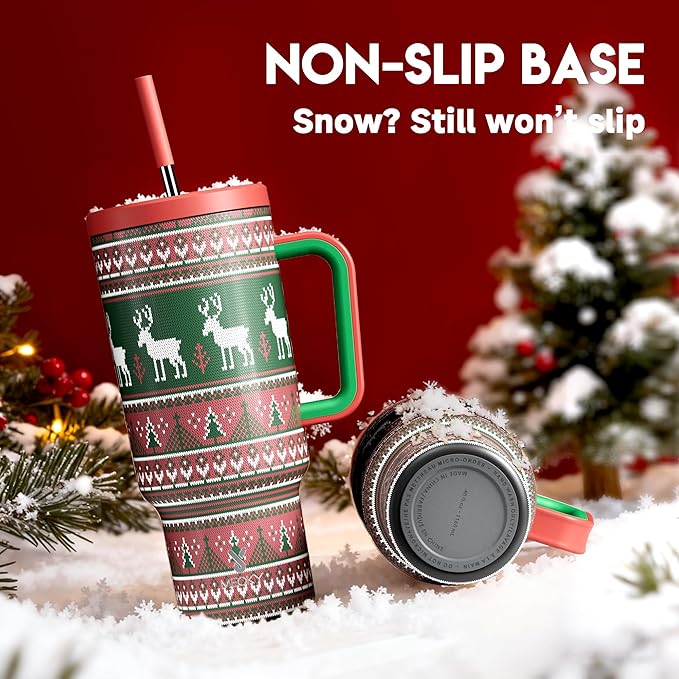 Meoky 40 oz Christmas Tumbler with Handle and Straw, Xmas Tumbler with Lid and Straw, Insulated Stainless Steel Travel Mug, Christmas Gifts for Women Men Adults (Jolly Reindeer) - Bloomnest