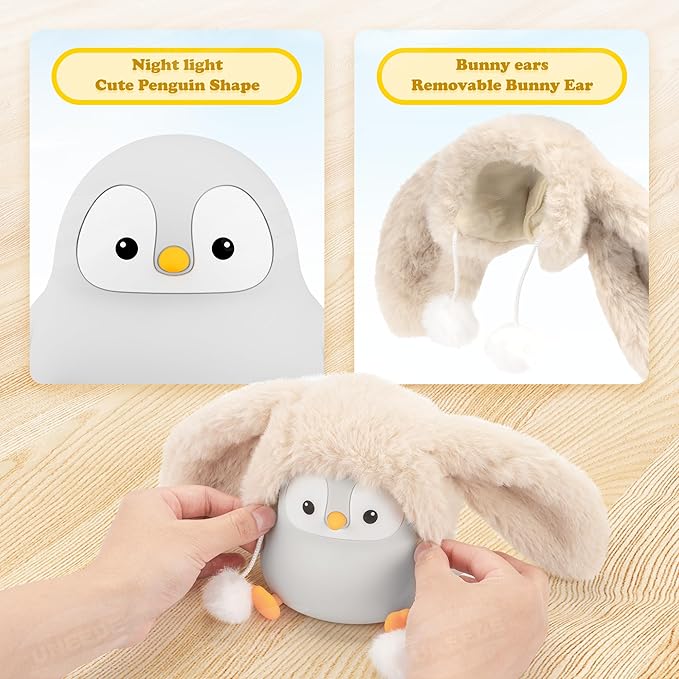 UNEEDE Sitting Penguin Night Light with Removable Floppy Bunny Ears - Silicone Touch Lamp, USB Rechargeable, Dimmable Nursery Light for Kids & Holiday Decor - Bloomnest