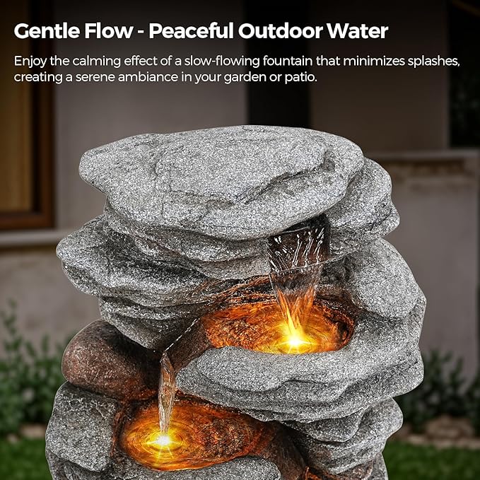 40" Outdoor Water Fountain with LED Lights - 5-Tier Cascading Rock Waterfall Fountain, Natural Rock Look, Ideal for Garden, Landscaping, Patio, Balconies and Yard Decor - Bloomnest