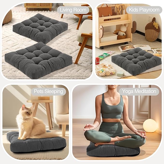 Floor Pillow Cushions for Adults Sitting Large Big Pillows for Floor Seating Square Memory Foam Thick Tufted, 22 x 22 Inch, Set of 2, Light Grey - Bloomnest