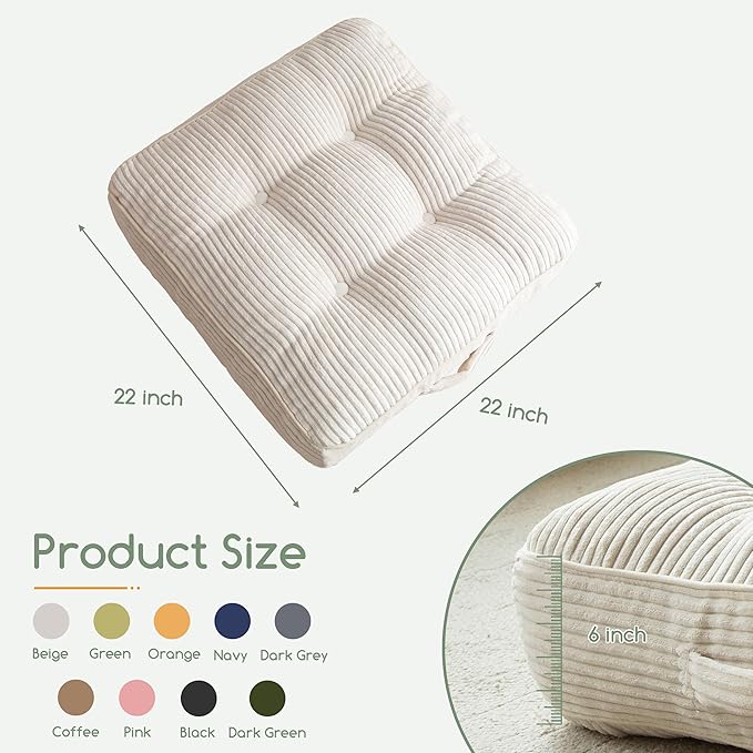 6" Washable Floor Pillow Cushion for Adults, Meditation Cushion Pillow, Large Square Floor Sitting, Removable Tufted Corduroy Cover, for Tatami Living Room or Yoga, 22x22 Inch, 2Pack, Machine Washable - Bloomnest