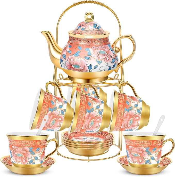 20 Pcs Porcelain Tea Set for Adults with Metal Holder and Spoon European Ceramic Tea Party Set Flower Painting Teapot Cup Saucer for Christmas Women Gifts, Serving 6 People(Attractive) - Bloomnest