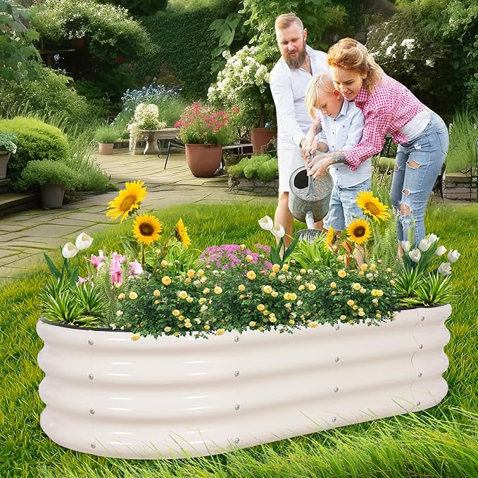 1MORE Galvanized Raised Garden Bed- Planter Garden Boxes Outdoor, Raised Beds for Gardening, 4x2x1ft Metal Garden Bed Kit for Vegetables Flower, Planter Raised Beds with Protective Tape & Tools.White - Bloomnest