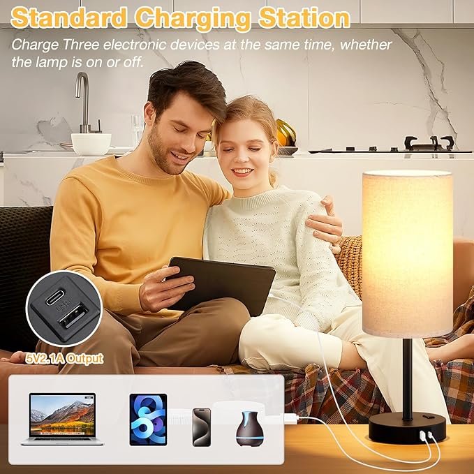 Dicoool Tall Touch Bedside Table Lamp with USB - 3 Way Dimmable Black Lamps for Bedroom Nightstand, Desk Lamp with Black Charging Station for Dorm, Office, Kids Room - Bloomnest