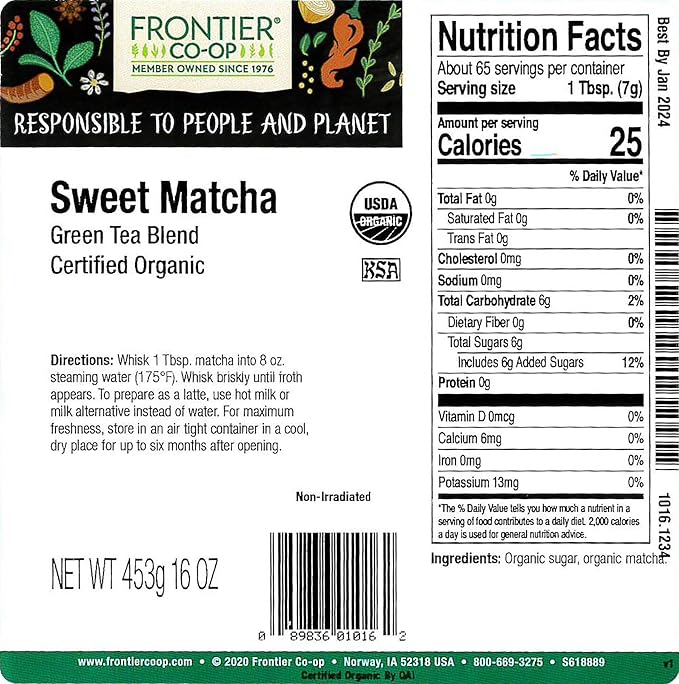 Frontier Co-op Organic Sweet Matcha Green Tea Powder, 16 Oz, Bulk Bag - Bloomnest