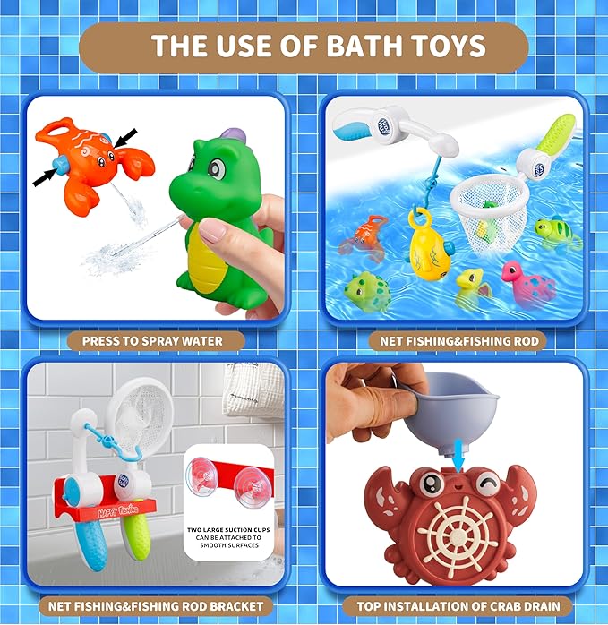 Bath Toys Set, Toddlers Bath Toys 1-3, Kid Bathtub Toy with 4pcs Dinosaur Water Spray, Fishing Games with Fish Net, Water Pool Toy , Shower Toy Gift for Boy Girl Infant - Bloomnest