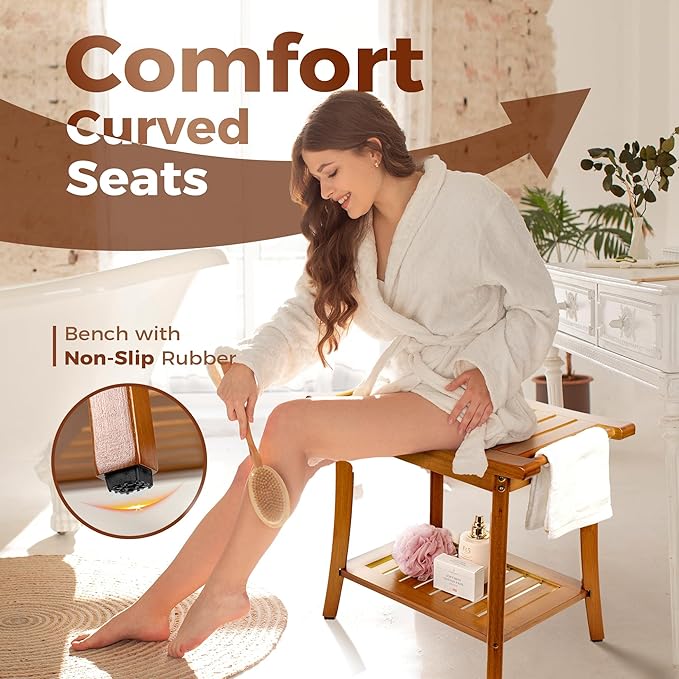 Utoplike Bamboo Shower Bench with Storage, Wood Shower Stool with Handles, Bathroom Seat for Towels, Spa, Inside Shower, Brown Finish - Bloomnest