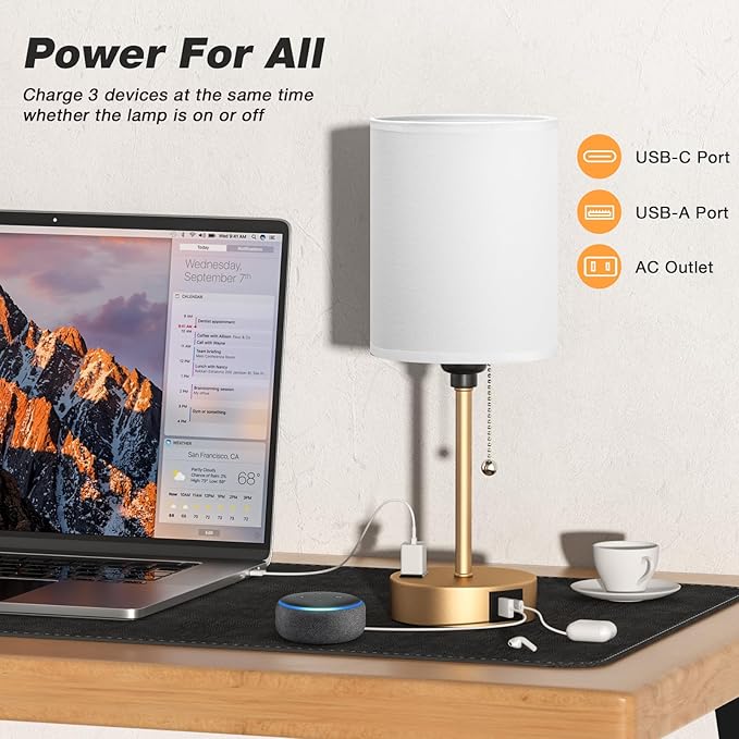 Dicoool Small Bedside Lamps 3 Color Modes - 3000K 4000K 5000K Bedroom Lamps with USB C and A Ports, Pull Chain Gold Table Lamps with AC Outlet, Nightstand Lamps with Gold Metal Base for Kids Reading - Bloomnest