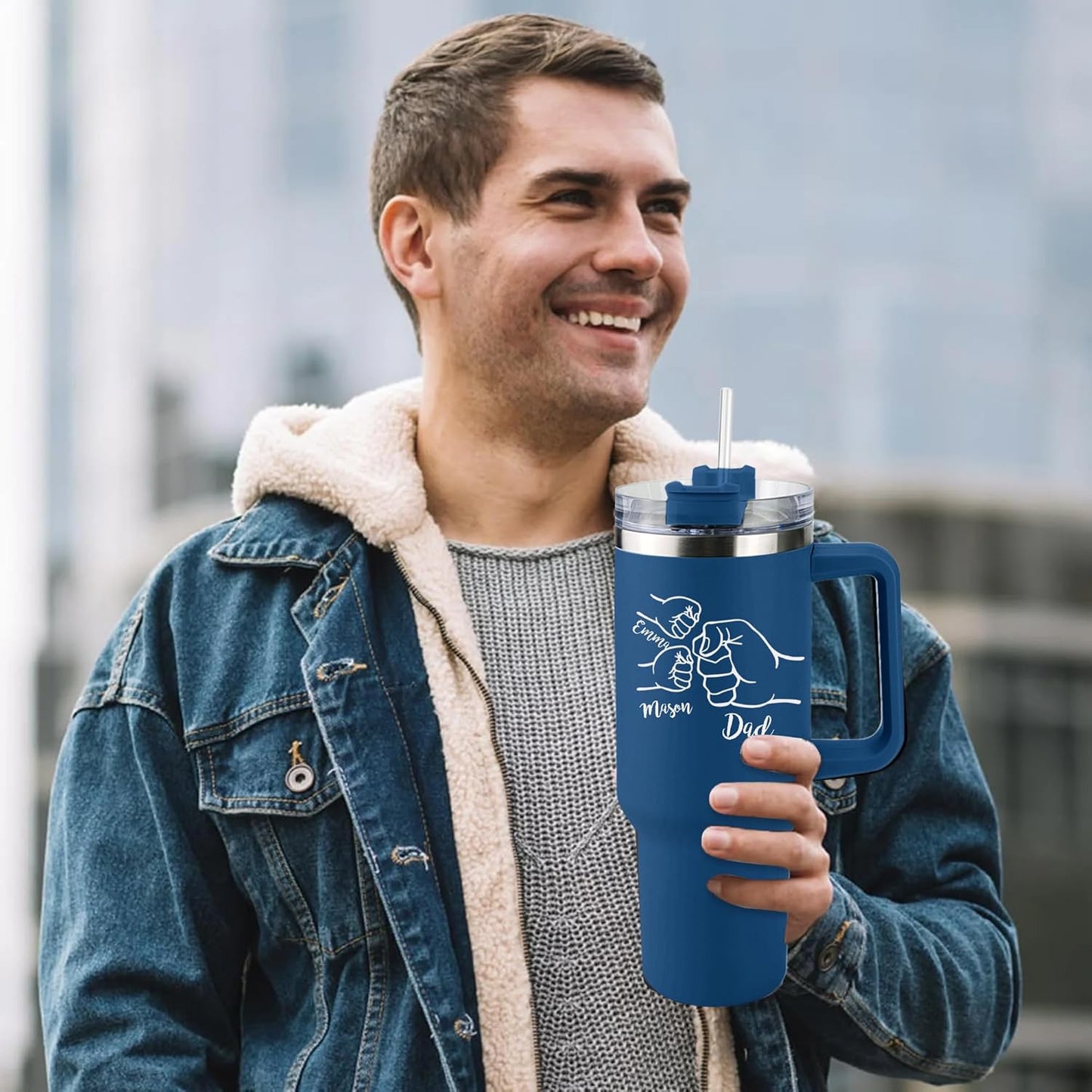 ThermoThrill Ships Next Day, Personalized Fathers Day Tumbler Gifts Custom 40 Oz Tumbler with Handle Stainless Steel Mug Dad Gift for Men