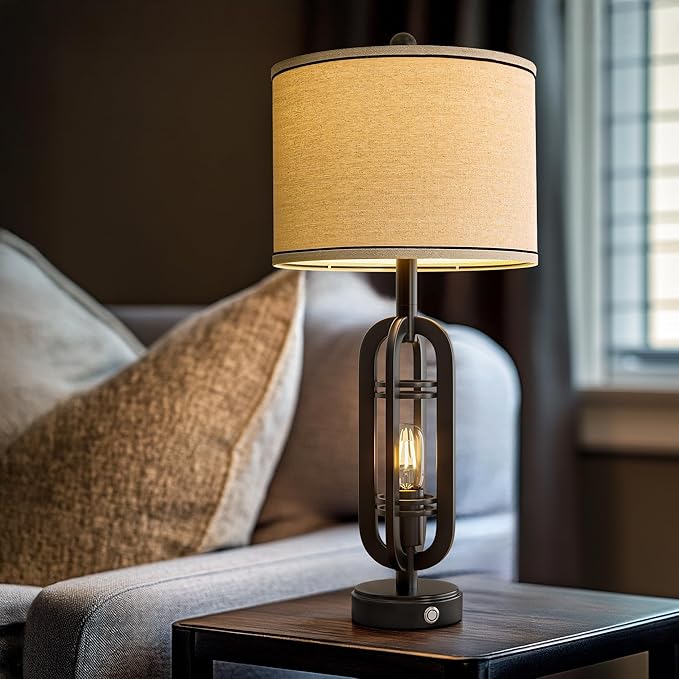 27.25'' Table Lamps Set of 2 for Living Room Bedroom Industrial Farmhouse Metal Touch Lamps with USB A+C Ports, Night Light Vintage Nightstand Bedside Lamp, Bulbs Included, Black - Bloomnest