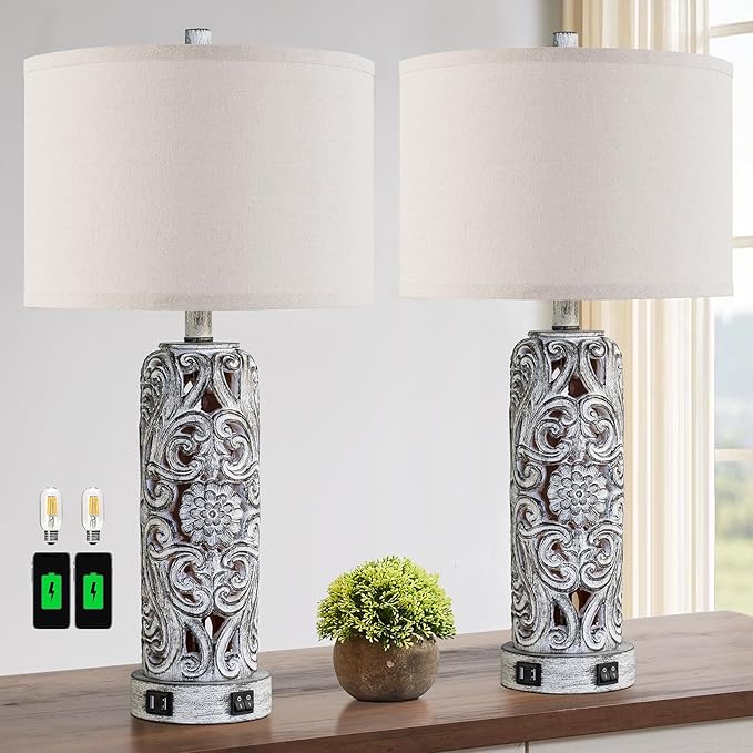 25'' Set of 2 Farmhouse Table Lamps with 2 USB Ports for Living Room Bedroom, Rustic Vintage Table Lamp with Nightlight, Earthy Yellow Hollow Out Resin Lamp for End Table, 2 Bulbs Included - Bloomnest