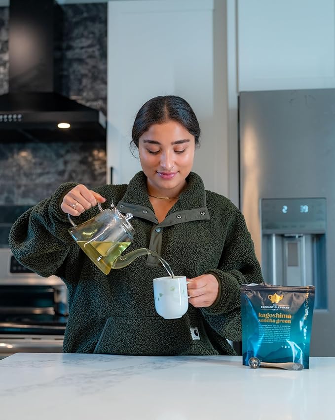Japanese Sencha Green Tea, Organic Loose Leaf Sencha Tea – Antioxidant & Detox Support – Refreshing Hot or Iced Green Tea – 8 oz Resealable Bag (Makes 100 Cups) – The Elegant Elephant - Bloomnest