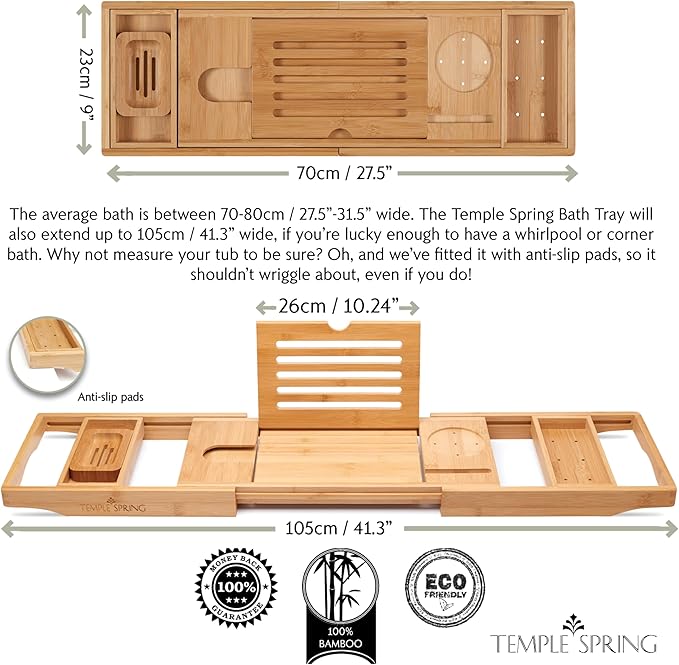 Temple Spring Wooden Bathtub Tray, Bamboo Bathroom Accessories, Bath Tray for Tub, at Home Spa Essentials, Board for Tub Table, Bath Caddy for Bathtub Accessories & Bathroom Essentials – Natural - Bloomnest