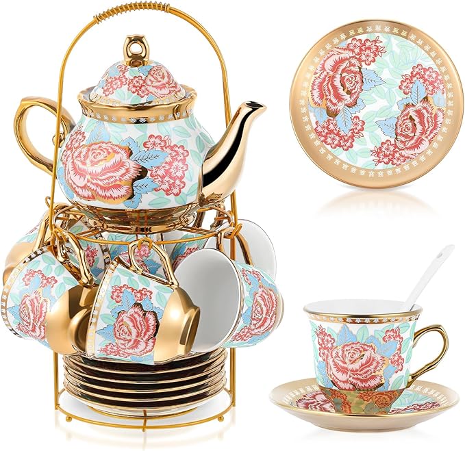 Zhehao 20 Pcs Porcelain Tea Set with Metal Holder and Spoon Adult Ceramic Tea Set European Flower Painting Teapot Cup Saucer Spoon for Women, Large Version(Vintage Style) - Bloomnest