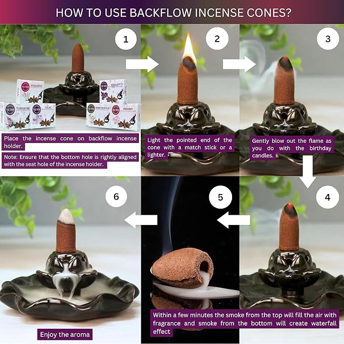 Blossom - Backflow Incense Cones for Waterfall - Scented Inscents-Cones - Peony, Lilac, Hyacinth, Tuberose, Honeysuckle, Violet - Insiensos Aromaticos - 6x10=60 Large Variety Pack TRUMIRI