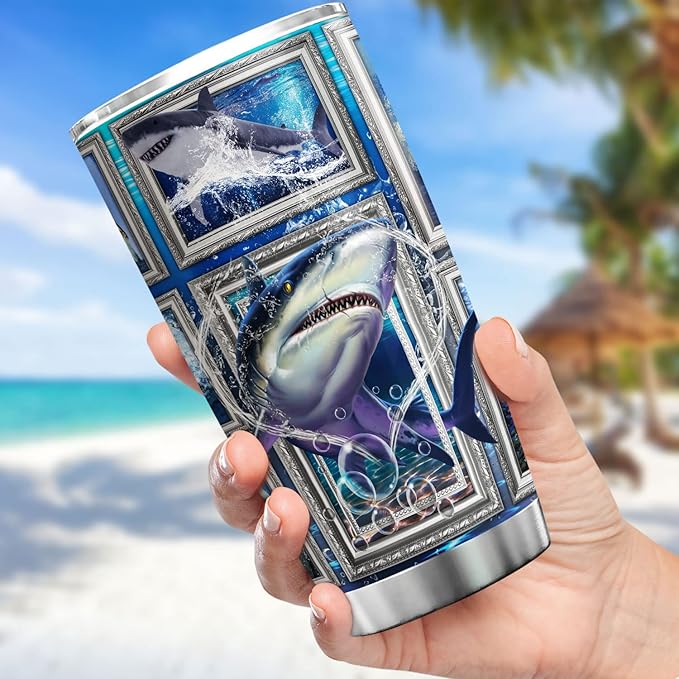 Shark Tumbler Cup With Lid Blue Ocean Themed Coffee Mugs For Women Sharks Underwater Sea Animal Print Tumblers Stainless Steel 20 Oz Holiday Christmas Gift Cool Shark Things - Bloomnest