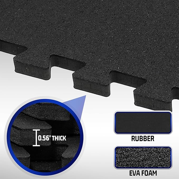 SUPERJARE 0.56'' Thick 36 Pcs 144 Sq Ft Rubber Top Exercise Equipment Mats, High Density EVA Foam Mats with Rubber Top, Interlocking Gym Flooring for Home Gym, Protective Workout Mat, Black - Bloomnest