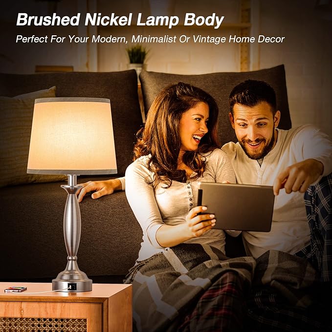 Seealle Lamps for Bedrooms - Touch Control Bedside Lamp with USB C+A, 3 Way Dimmable Nightstand Lamps with USB Port, Brushed Nickel Table Lamp for Living Room Guest Room Bed Side End Table(Single) - Bloomnest