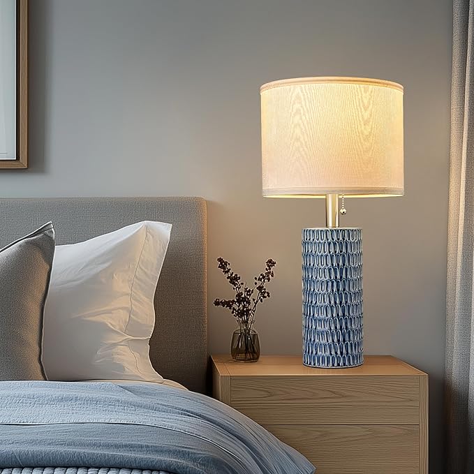 Table Lamps for Living Room Set of 2, Ceramic Table Lamps for Bedroom, 20" Modern Lamps for Night Stands, Dark Blue - Bloomnest